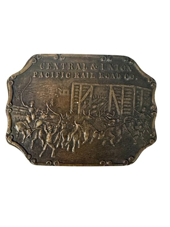 Vintage Central & Union Pacific Railroad Co Belt Buckle Western Cattle Drive Bra